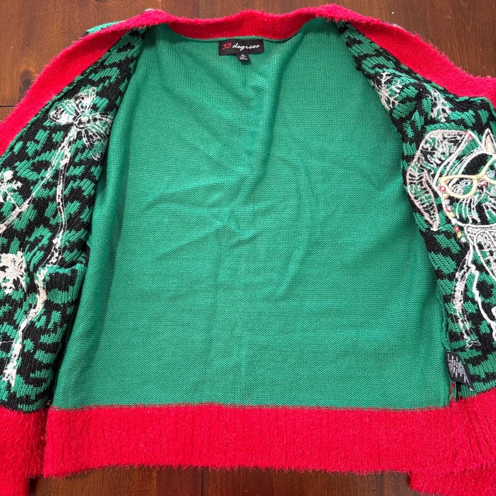 33 Degrees Womens Christmas Cat Cardigan Sweater M Green Leopard Sequin Holiday - Picture 5 of 9